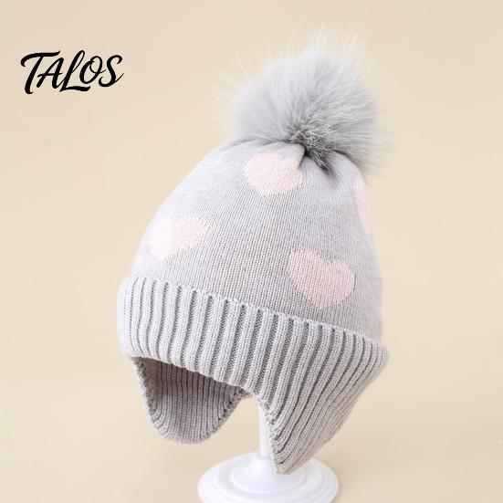 Детская зимняя теплая вязаная шапка, мягкая, с милым помпоном, для холодной погоды, термо-головной убор, с рисунком сердца, уютная, с ушками, для мальчиков, девочек, малышей, прочная