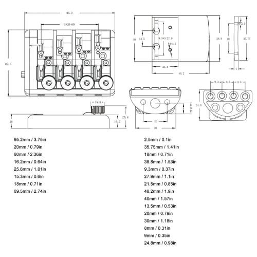Легко устанавливаемый безголовый бридж для 4-струнной бас-гитары со сменными фиксаторами струн (Серебряный)