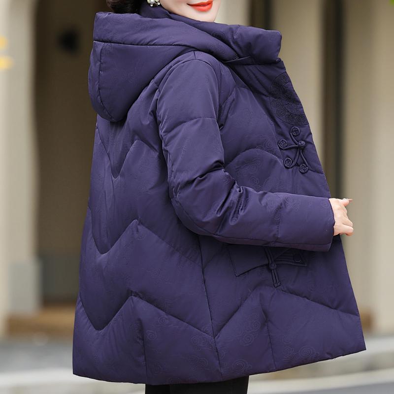 Middle Age Women Winter Short Down Jackets Vintage Embroidery Parkas Hooded Elegant Thick Warm Plus Size Down Coats Woman Outerwears