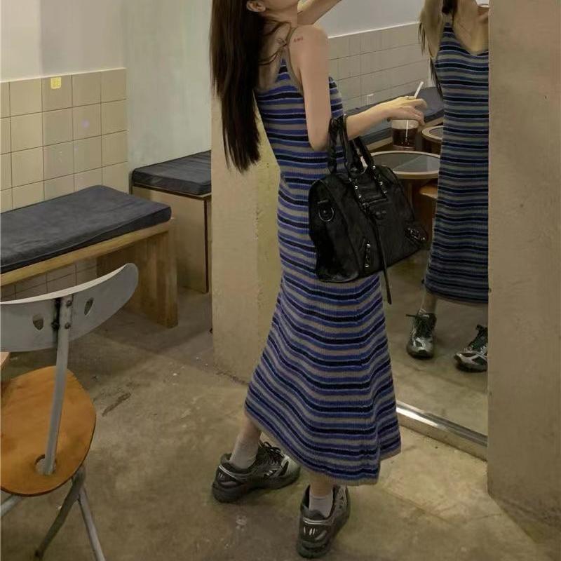 Женские платья Сто в полоску в стиле ретро, ​​платья на бретельках, тонкое длинное платье до бедра с внутренней упаковкой, большие размеры