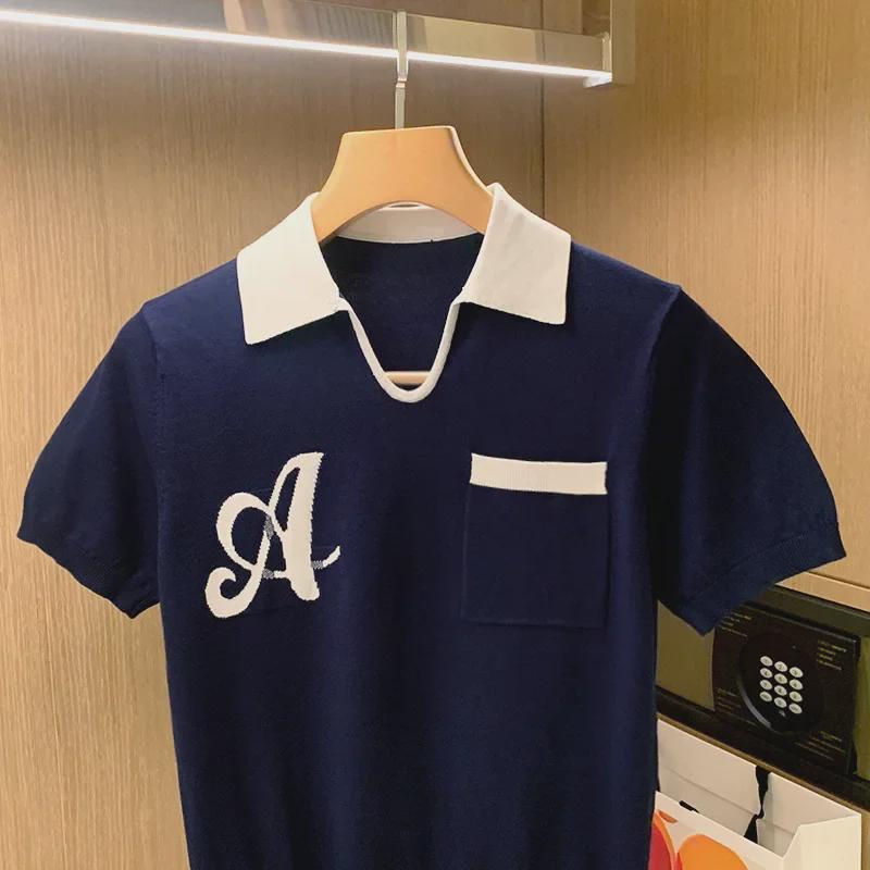 Трендовая мужская трикотажная рубашка-поло с цветными блоками и V-образным вырезом — европейский и американский стиль