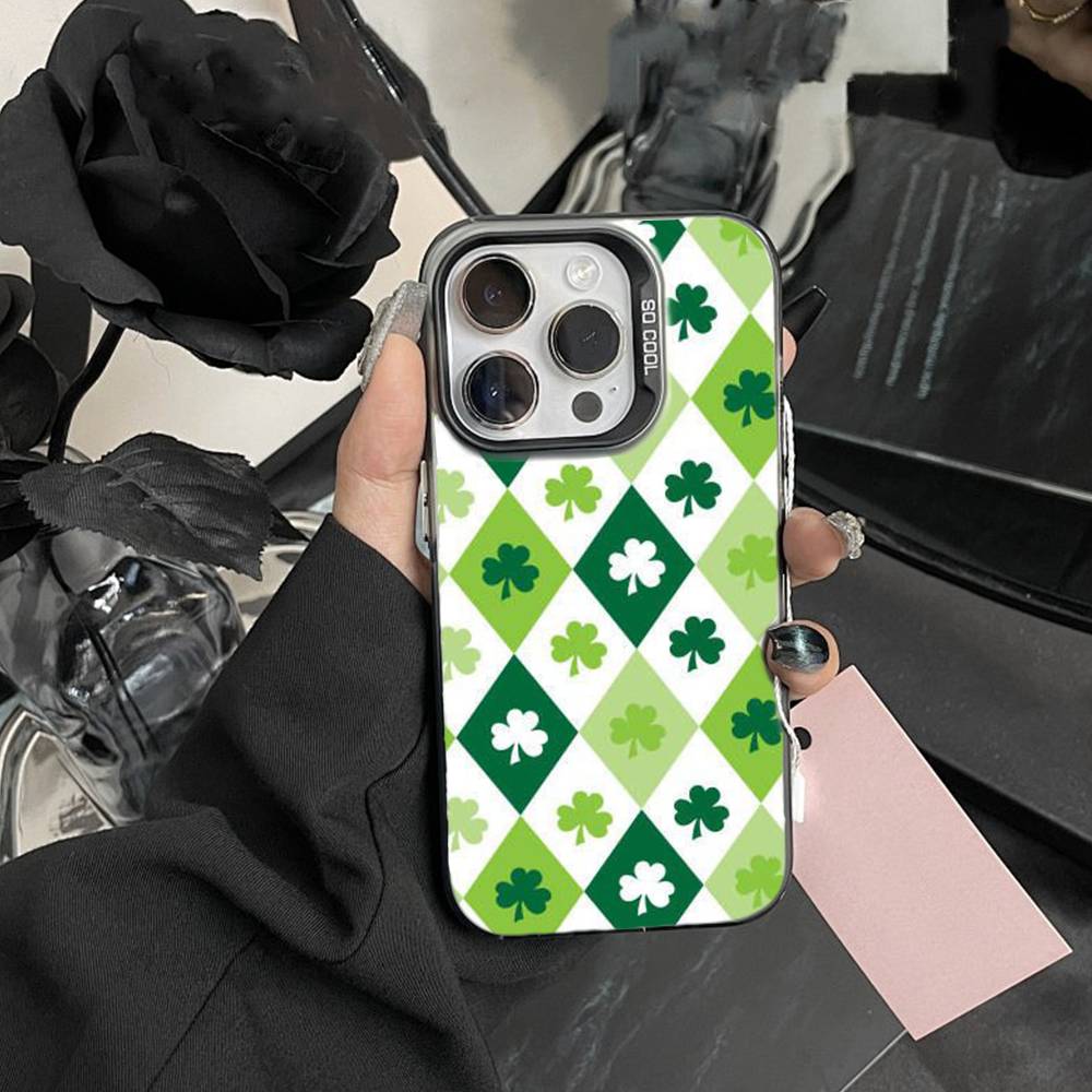 2026-Чехол для телефона с четырехлистником для iPhone 17, 16, 15, 14, 13, 12, Pro MAX Черный Матовый Ударопрочный Чехол