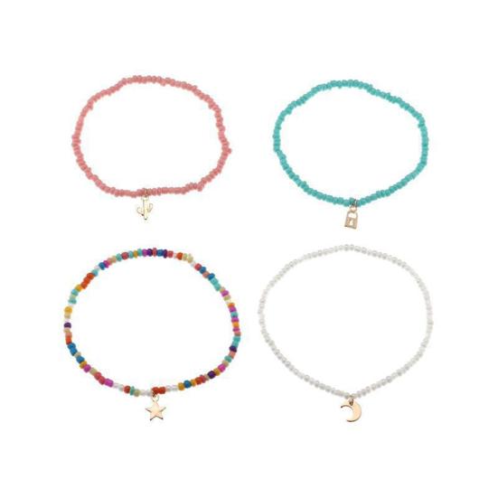 4Pcs Foot Chains Vibrant Color Exquisite Pendant Eye-catching Colorful Women Elastic Beaded Anklet Jewelry