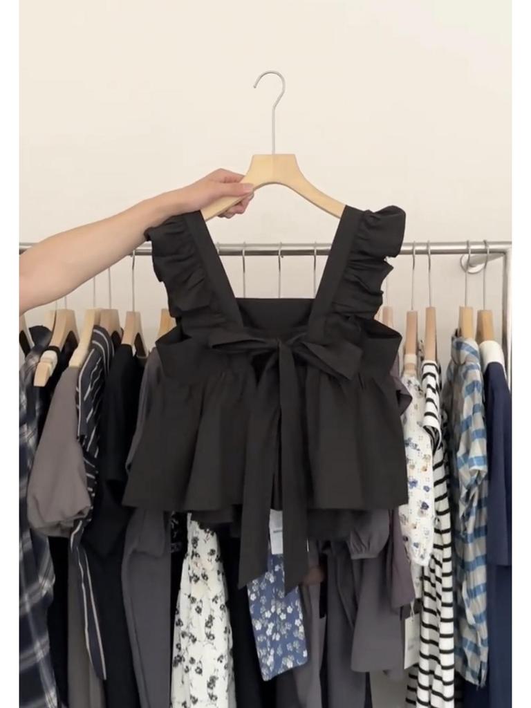 First Love Women's Square Neck Flutter Sleeve Babydoll Top with Bow Lace-up Detail