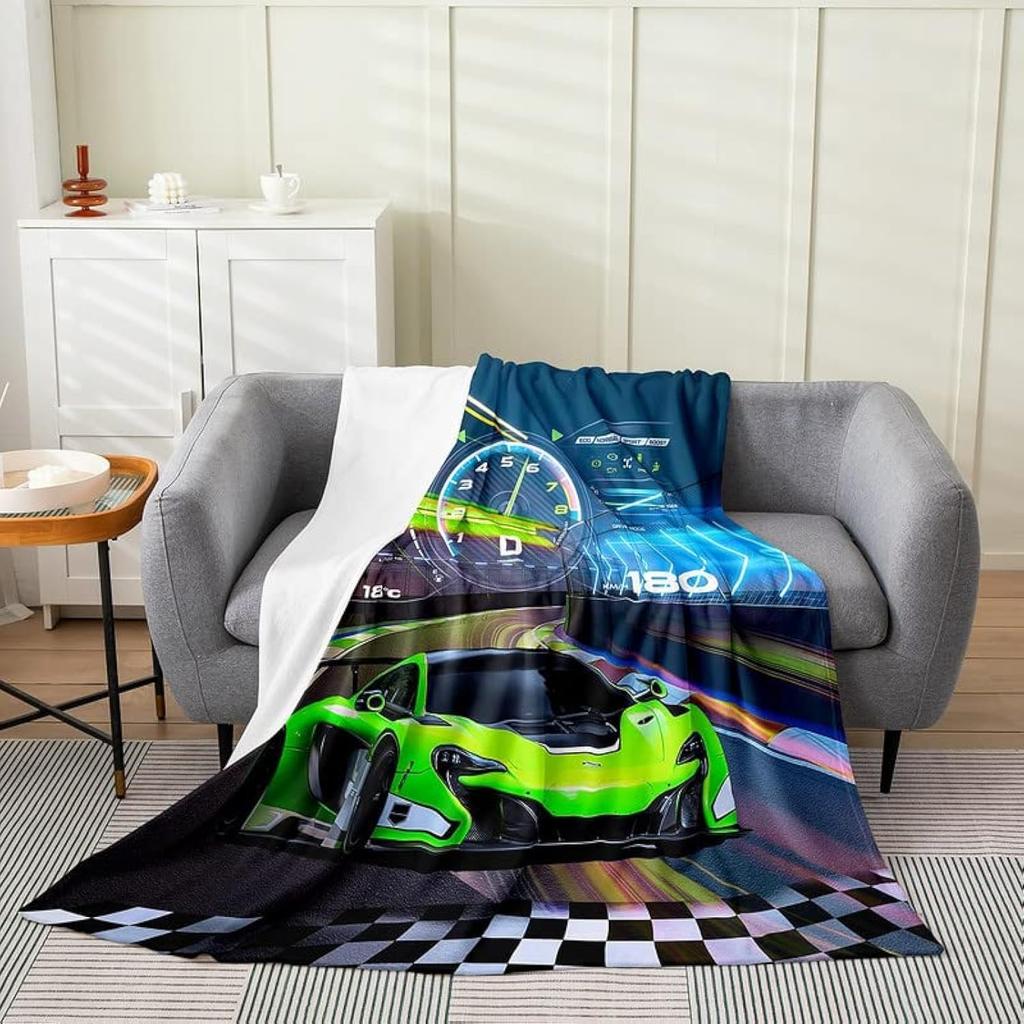 AllSeason Sports Car Bed Blanket Flannel Fleece Throw Microfiber Green Plush Twin Size x for Boys Girls Room Decor
