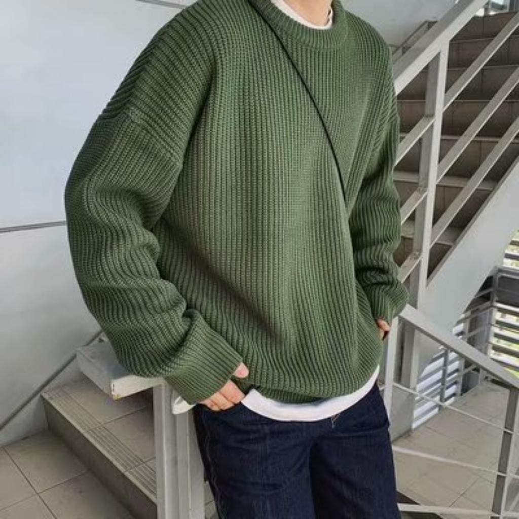 Wearing A Base Knit Sweater In Autumn and Winter, Solid Color Round Neck Sweater, Loose and Versatile, Thick Korean Style Trendy Sweater, Men's Jacket