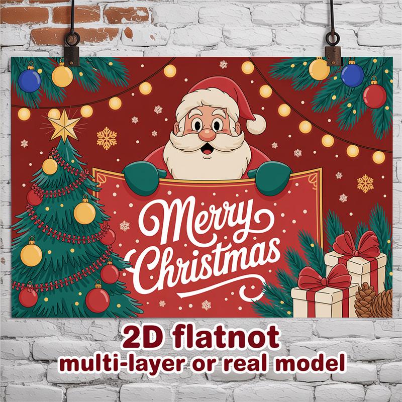 Party Backdrop Santa Claus Christmas Red Flat Festive Santa Claus Trees Ornaments Photo Booth Background Front Door Decor