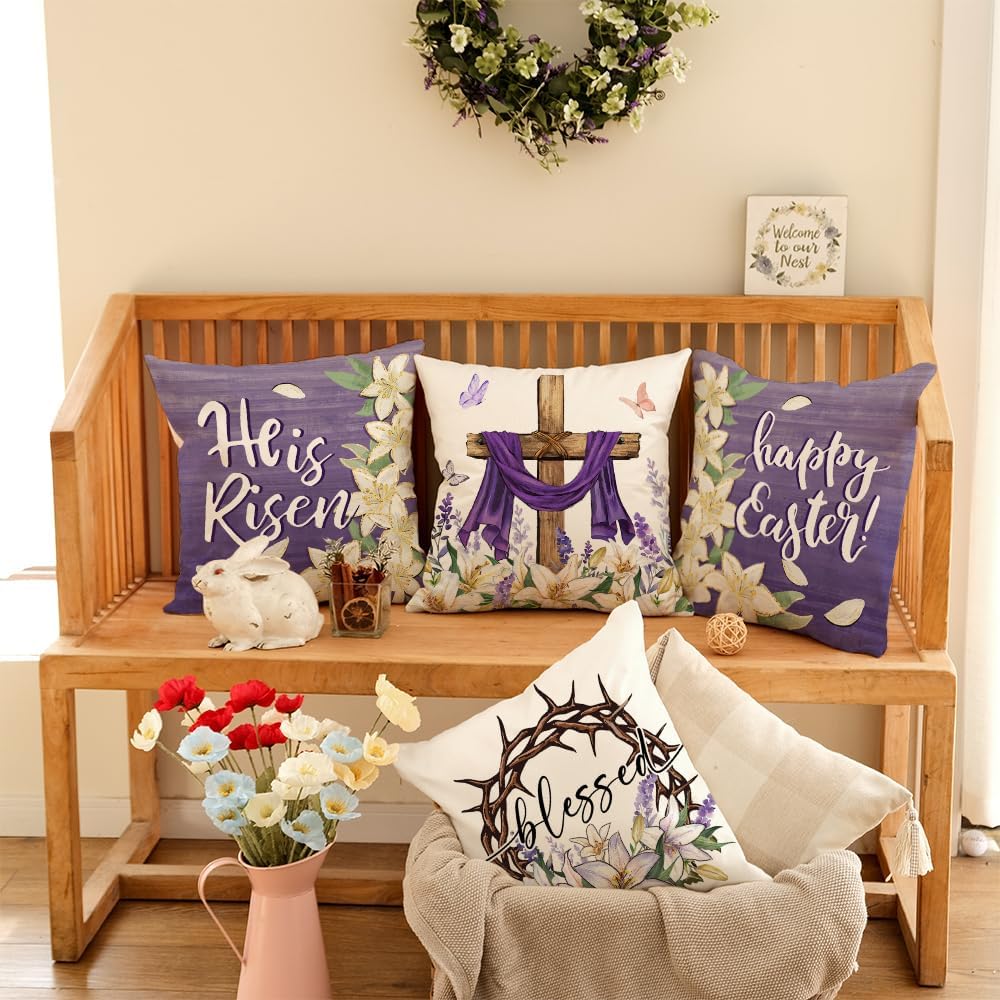GEEORY Happy Easter He is Risen Throw Pillow Covers 18x18 Inch Set of 4, Cross Flower Wreath Blessed Spring Decorative Farmhouse Holiday Cushion Case
