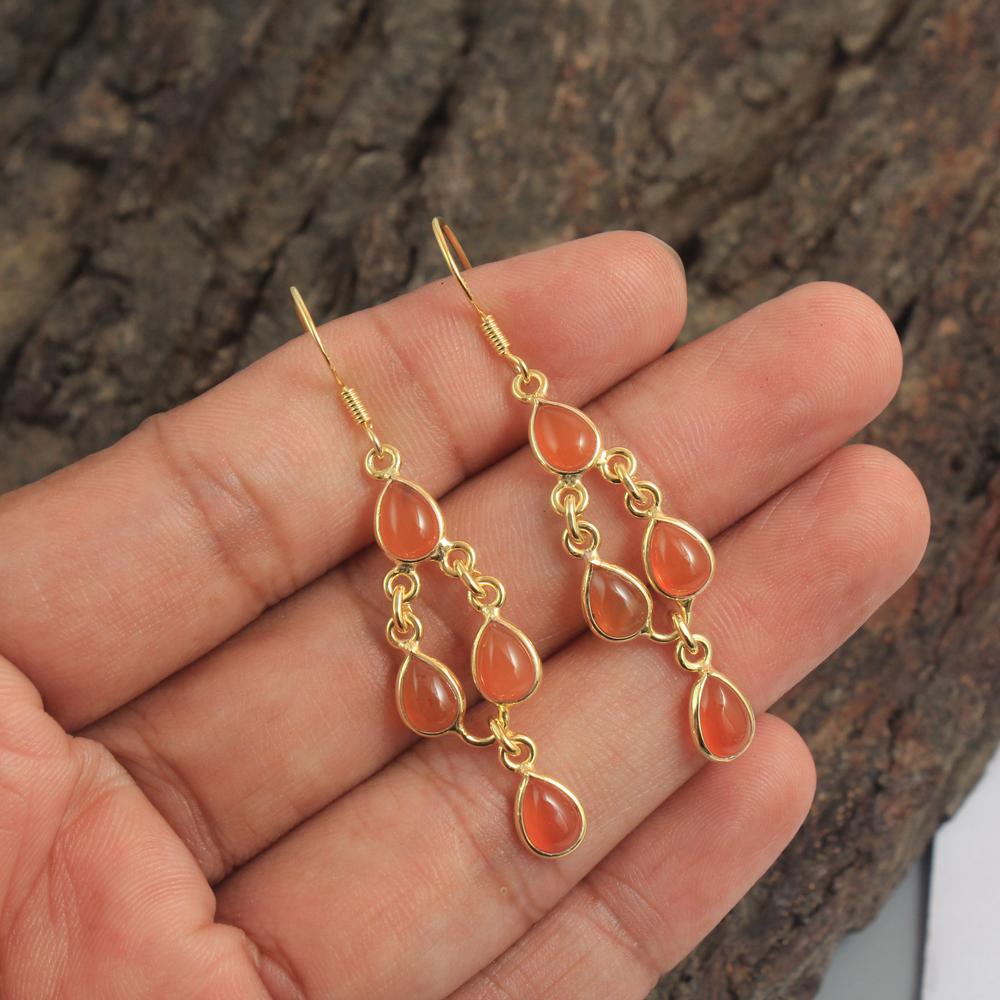 Лунный камень Лабрадор Сердолик Драгоценный камень 100% стерлингового серебра 925 пробы с покрытием из желтого золота Серьги с подвесками