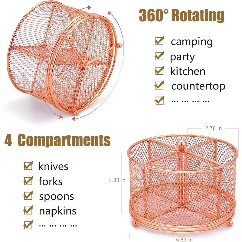 Compartment Silverware Cutlery Holder 360 Rotating Metal Utensil Fork Spoon Napkin Organizer Flatware StorageRose Gold Pink