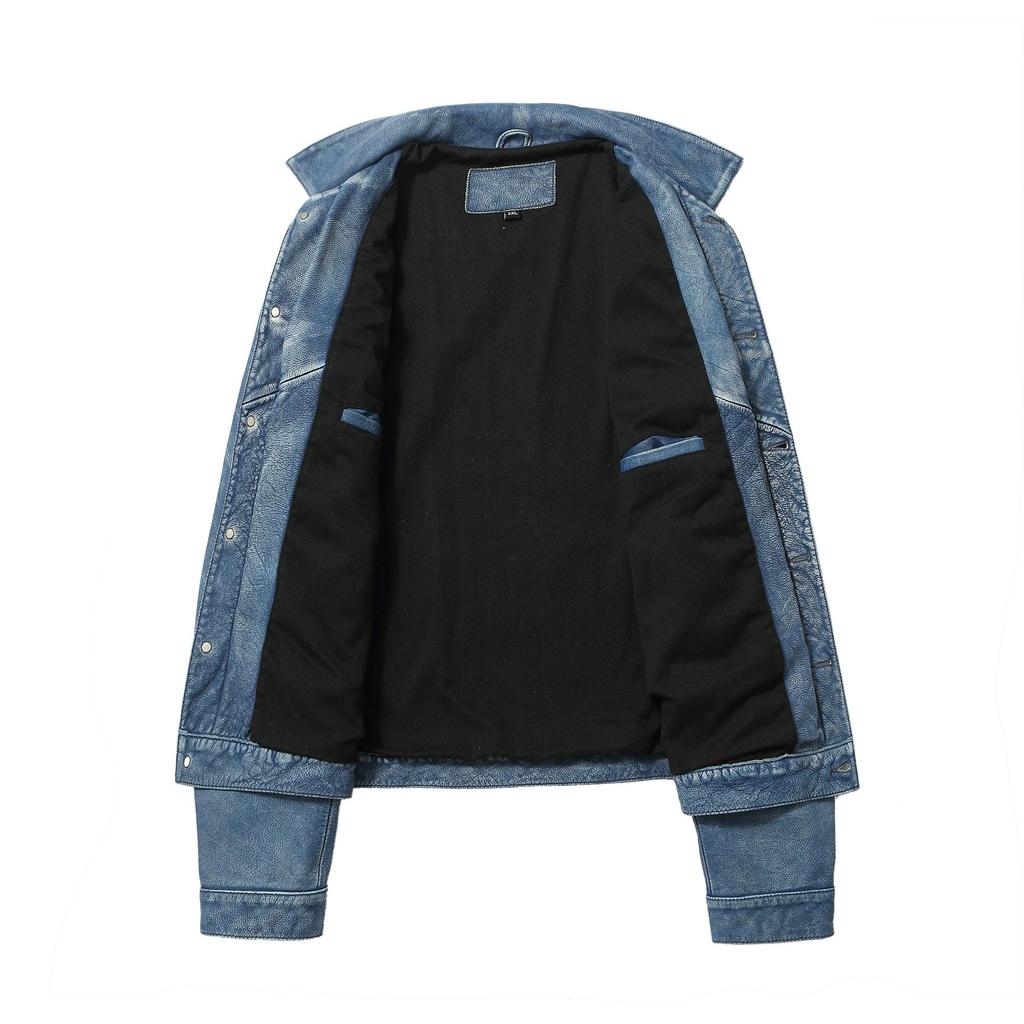 Vintage Blue Autumn Leather Jacket Men Casual Style Plus Size 4XL Real Natural Cowhide Spring Slim Fit Denim Coat