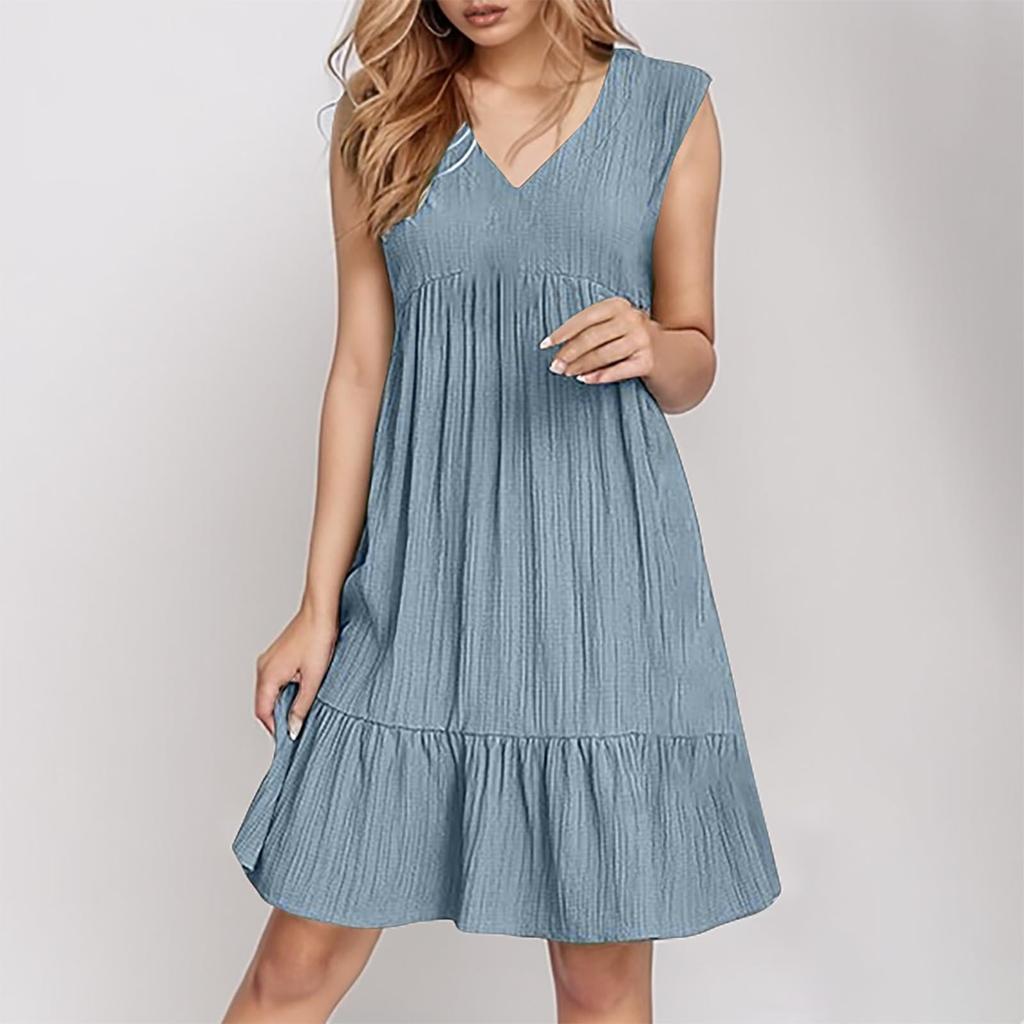 Ladies' Casual And Fashionable Solid Color Dress, Loose Sleeveless Waist Cinched Dress