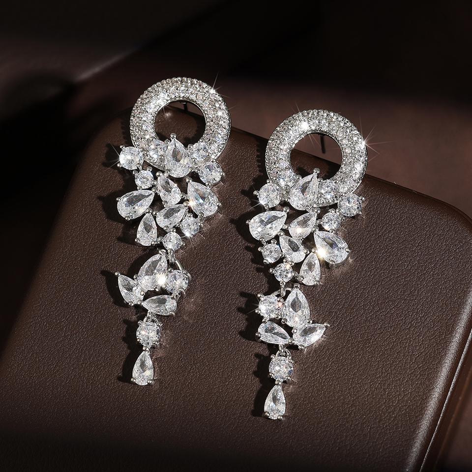 ZAKOL Vintage Sparkling Zircon Flower Dangle Earrings for Women Luxury Crystal CZ Bridal Long Earring Engagement Zircon Gift