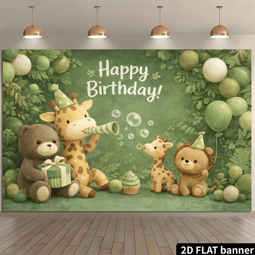 2D flat style birthday party banner background - Cute animal theme featuring elements of brown bears giraffes and little lions
