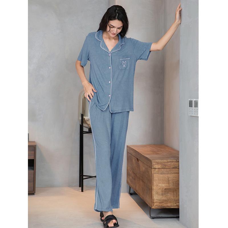 Женская модальная вискозная пижама кардиган полосатый домашняя одежда Love Pockets длинные брюки повседневный пижамный комплект