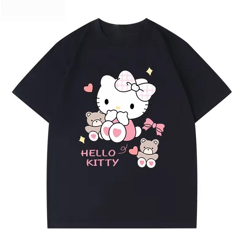 Летняя футболка с мультяшным принтом HelloKitty 2026 года, повседневная хлопковая футболка с коротким рукавом для взрослых и детей, милый кавайный стиль streetwear