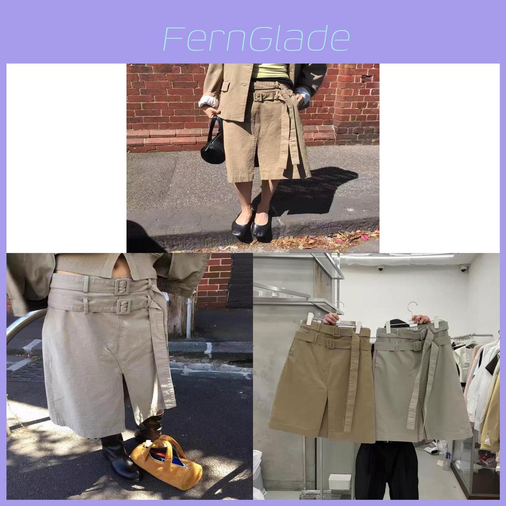 Vintage Korean Spring Skirt With Irregular Split And Double Waist Belt For Casual Wear