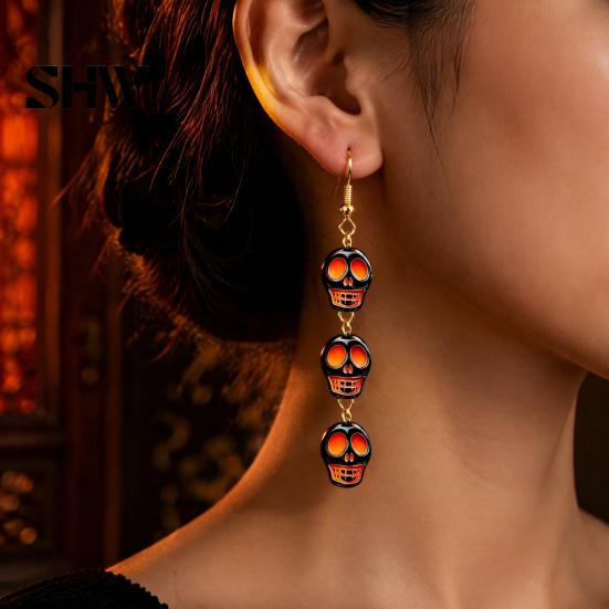 Retro Statement Earrings 1 Pair Acrylic Halloween for Women, Triple Skulls Drop Dangle Cool Alloy Ear Hooks Earrings, Gothic Jewelry Gifts Holiday