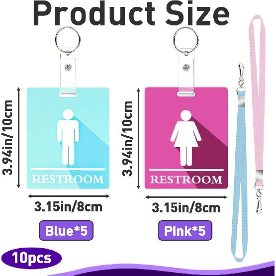 10 PCS Bathroom Passes for Classrooms Include Key Holder and Lanyard, Pink and Blue Bathroom Pass for Women Men, Bathroom Key Chain for Business