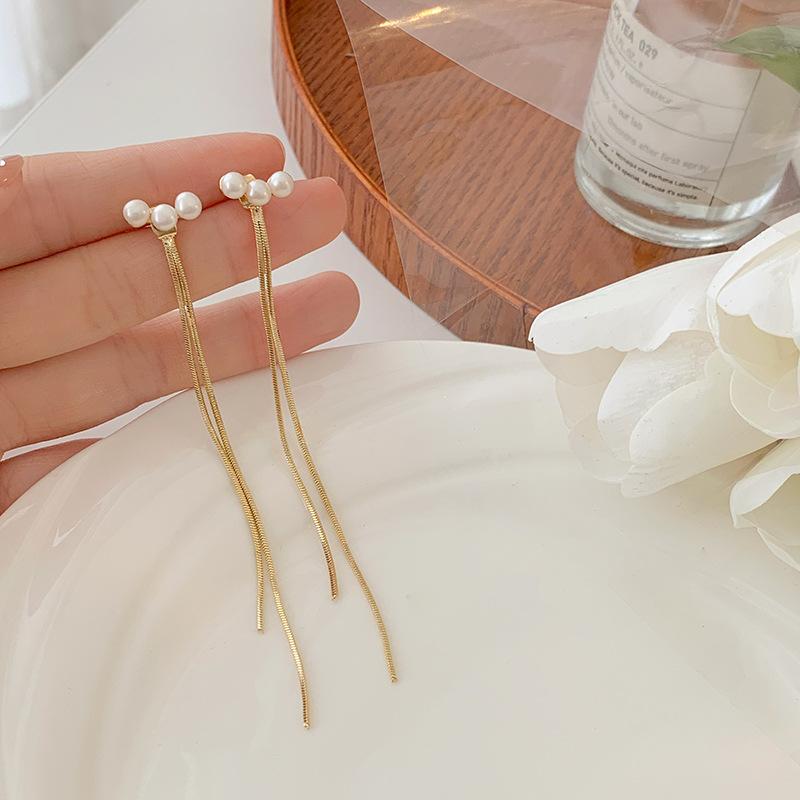 New Gold Color Long Pearl Tassel Dangle Earrings For Women Wedding Drop Earring Fashion Jewelry Gifts
