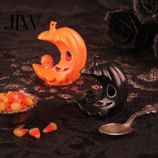 Decorative Accents for Shop Counters LED Light-Up Halloween Pumpkin Moon Figurine, Spooky Face Crescent Indoor Table Centerpiece Skull Night