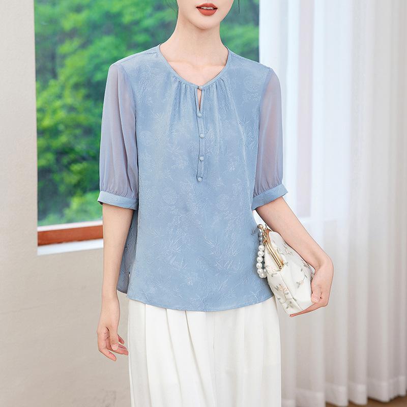 Шелковая рубашка женское платье новая шелковая рубашка темперамент круглый вырез уменьшающая возраст шелк-тутовый короткий рукав топ