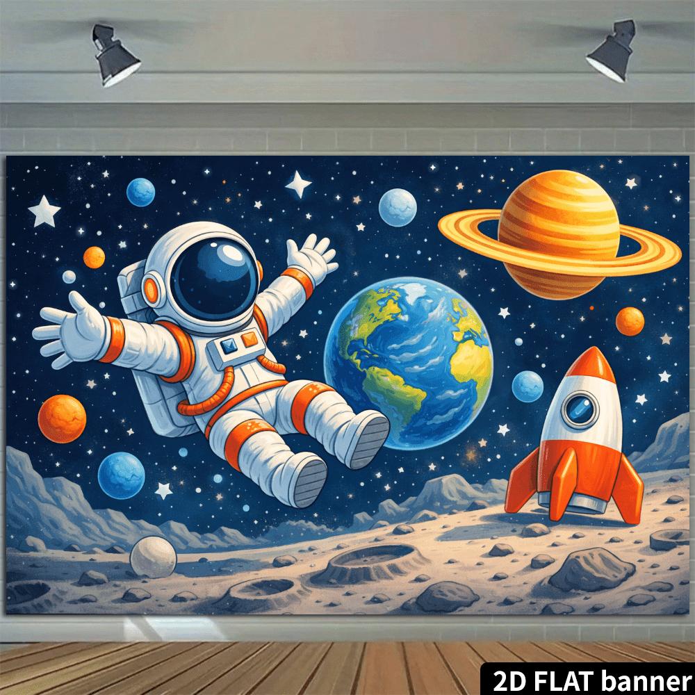 2D plane stretched and floating astronaut background fabric. Cartoon astronaut floating in space and stretching out both arms.