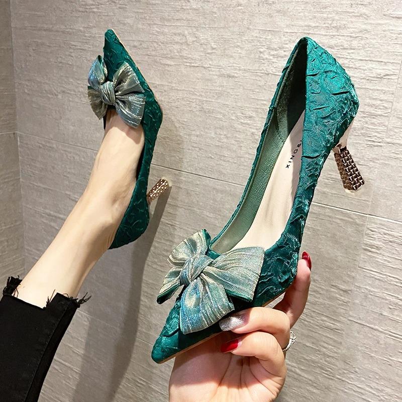 Fashion Green Silk Bowtie High Heels Pumps for Women Sexy Pointed Toe Metal Stiletto Heels Wedding Party Shoes Woman 2024 Spring