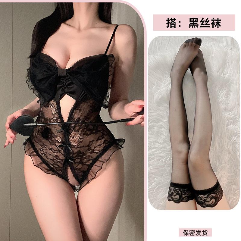 Sexy perspective French erotic lingerie women's bow lace perspective seduction pure desire onesie set