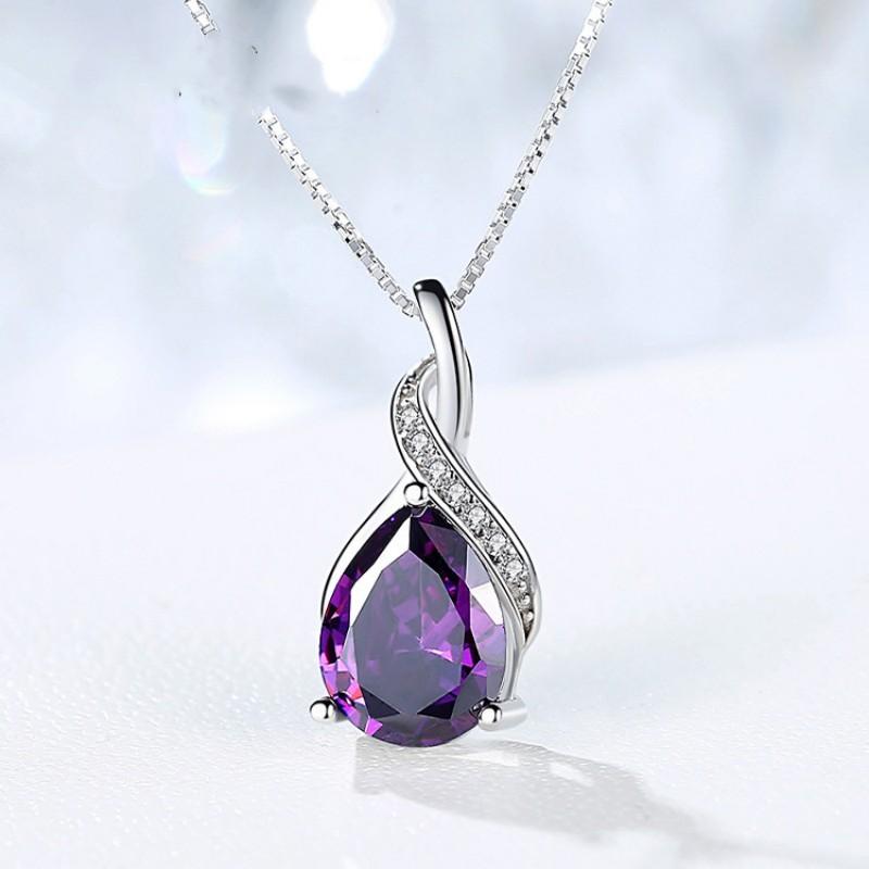 Buyee 925 Sterling Silver Stone Pendant Chain Natural Amethyst & Aquamarine Necklace for Woman Girl Fashion Fine Jewelry Chain