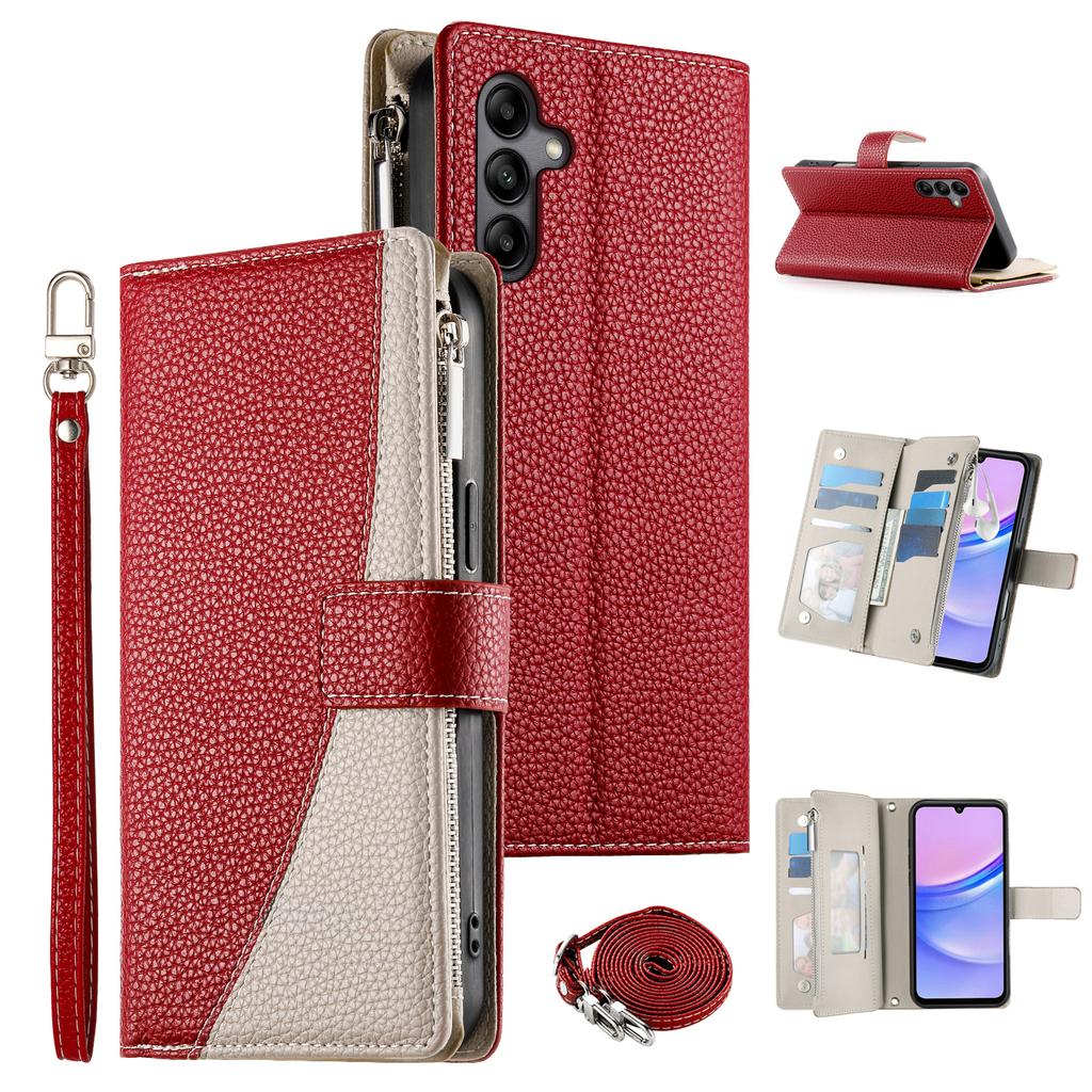 For Samsung Galaxy A05s 4G Case Zipper Wallet Color Splicing Leather Flip Phone Cover with Straps