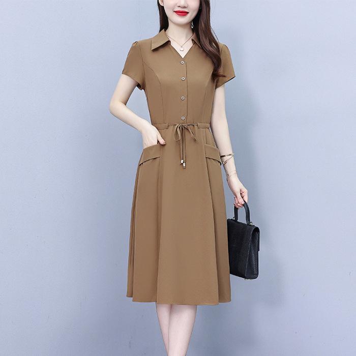 YYFS Женская мода лето весна сплошной цвет печати короткий рукав ПОЛО шеи Высокая талия повседневные платья