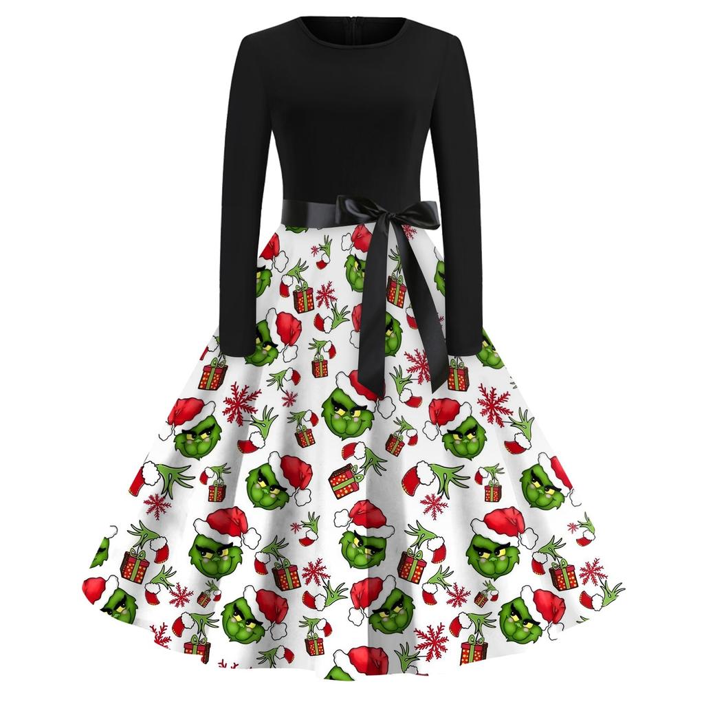 Женское повседневное рождественское платье с круглым вырезом и широкими рукавами, облегающее платье