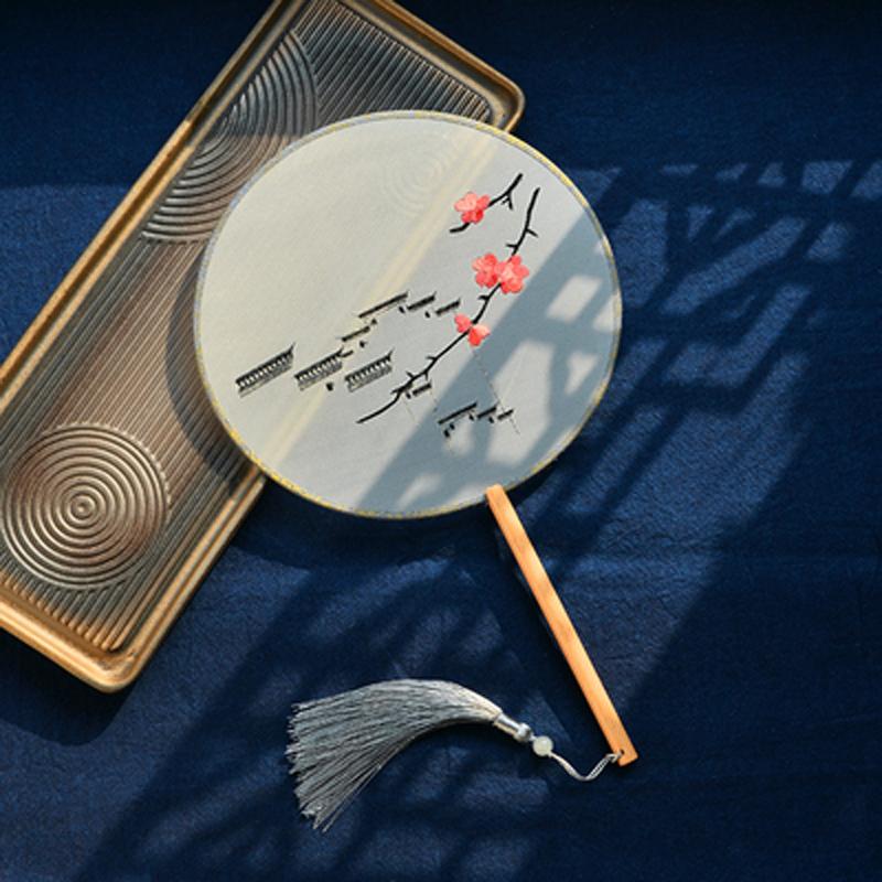 Circular Round Hand Fan, Chinese Traditional Art Embroidery, Classical, Ancient Costume, Han Fu Cheongsam with Long Handle