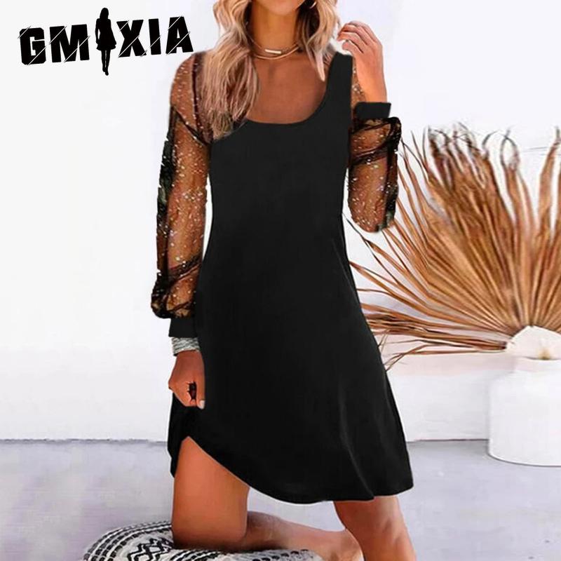GMXIA Spring/Summer Women's Season Fashion Solid Colour Mesh Splicing Dresses