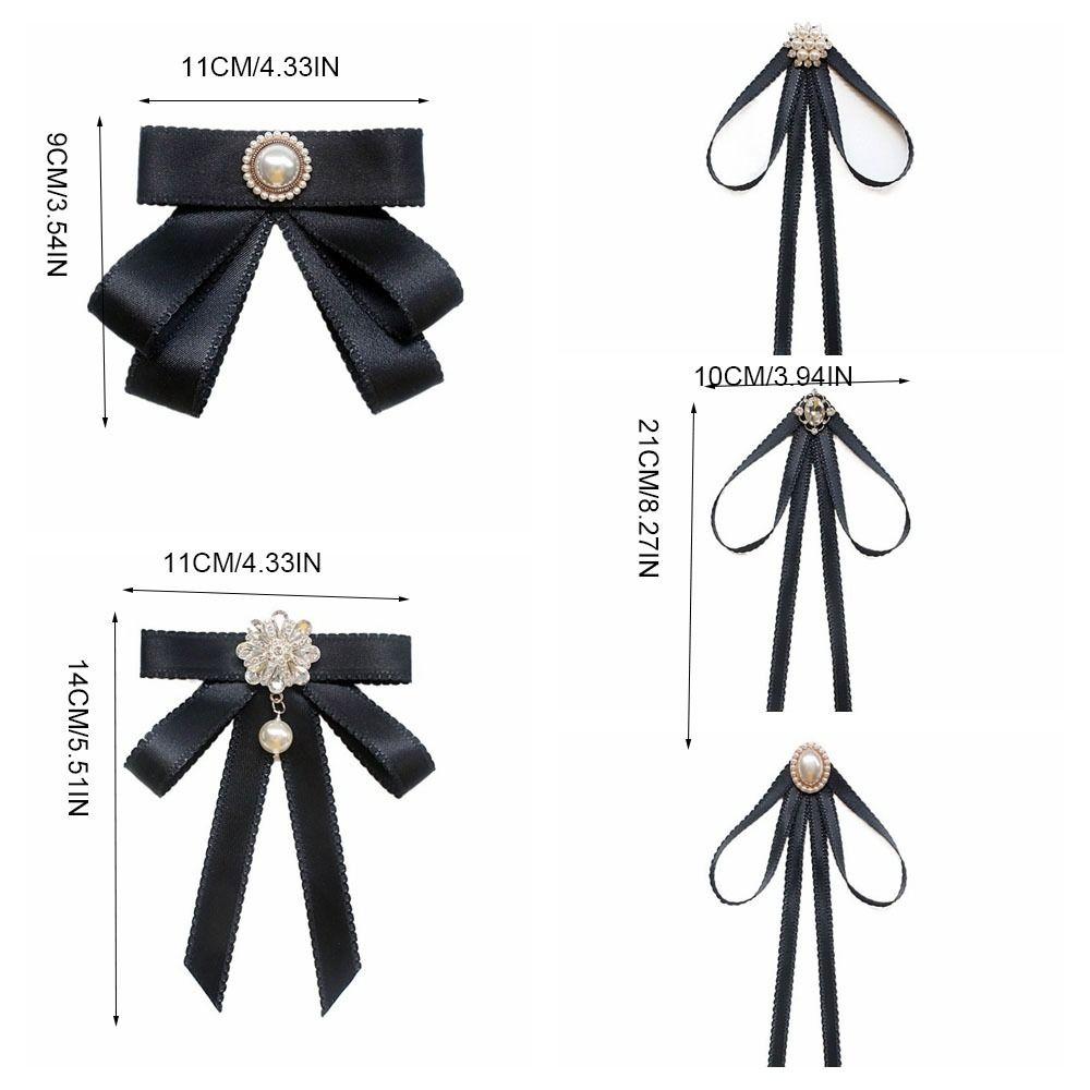 Simple Solid Color Black Ribbon Pin Rhinestones Pearl Black Bow Necktie Lolita JK Ribbon Badge Brooch Men