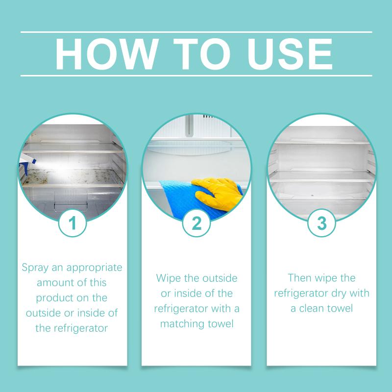 Multipurpose refrigerator and fridge cleaner spray deep cleans stubborn spots removes kitchen odors instantly