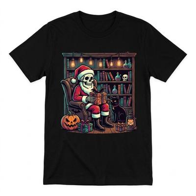 Skeleton Santa Reading Halloween Fall V1 Black T Shirt Gift For Friends