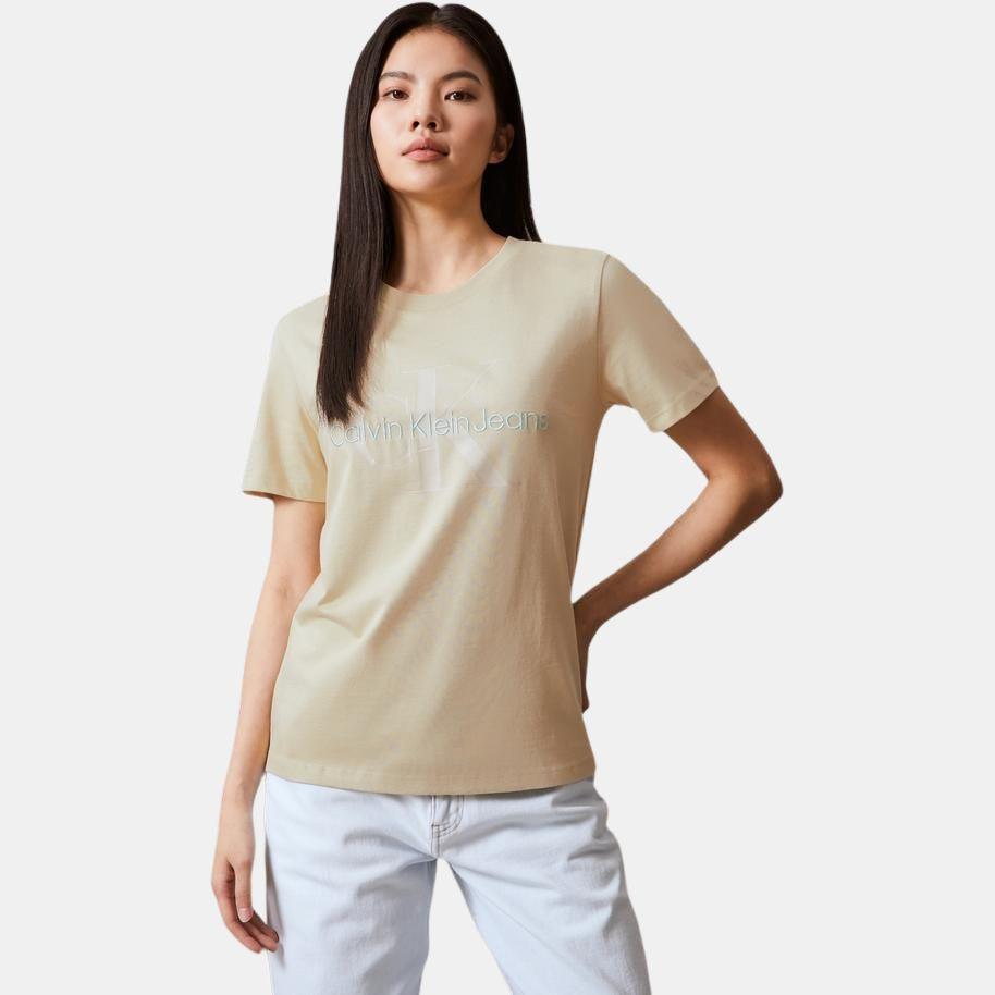 Calvin Klein Вышитые буквы хлопка дышащий круглый вырез свитер короткий рукав футболка женские топы Mung-Bean-Yellow J218885_2