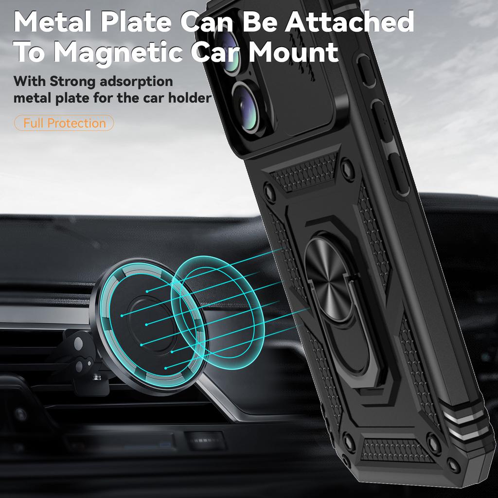 For iPhone 16 Case Ring Holder Kickstand Camshield PC+TPU Phone Cover