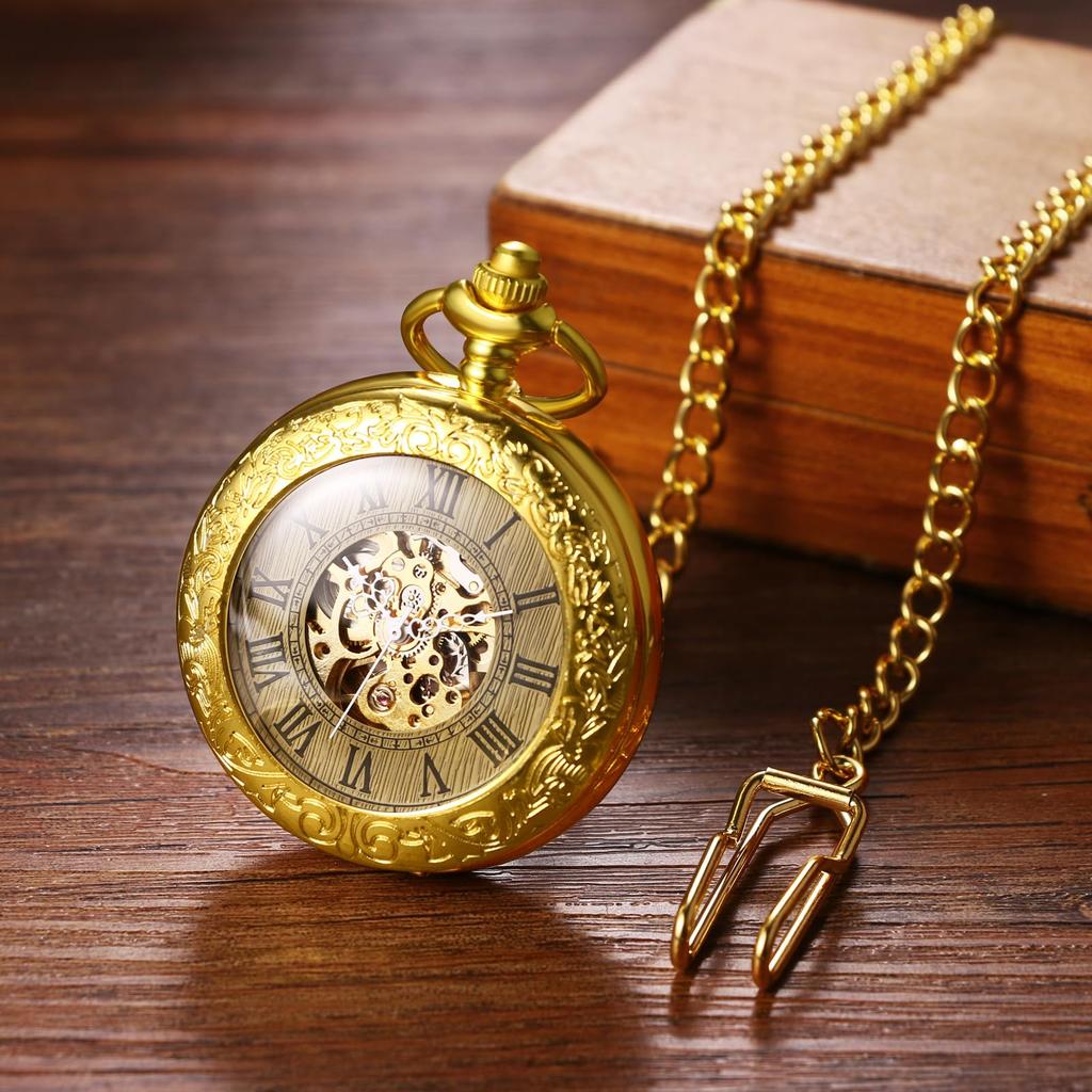 Pocket Watch Automatic Skeleton Antique Roman Analog Display Pocket Watch Waterproof Pendant Watch with Chain Gold Birthday Anniversary Christmas Day