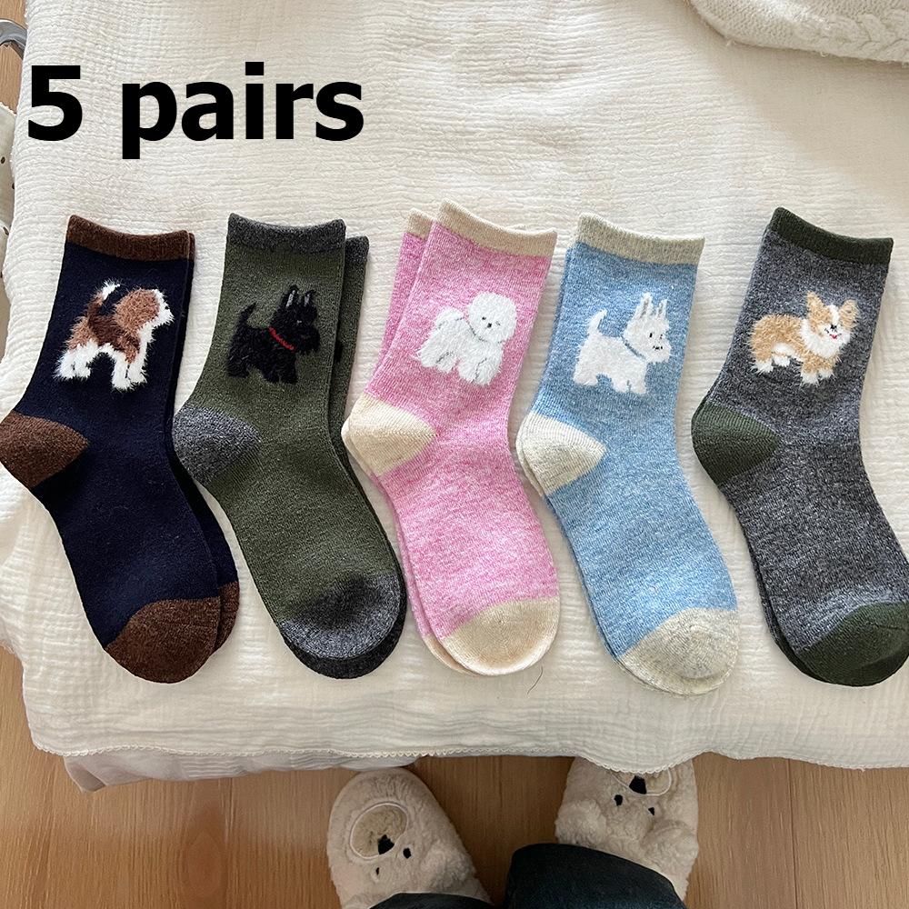 1/5pcs Women's Cartoon Animal Fur Socks Women Autumn and Winter Warm Thickened Pile Socks Color Matching Middle Tube Socks