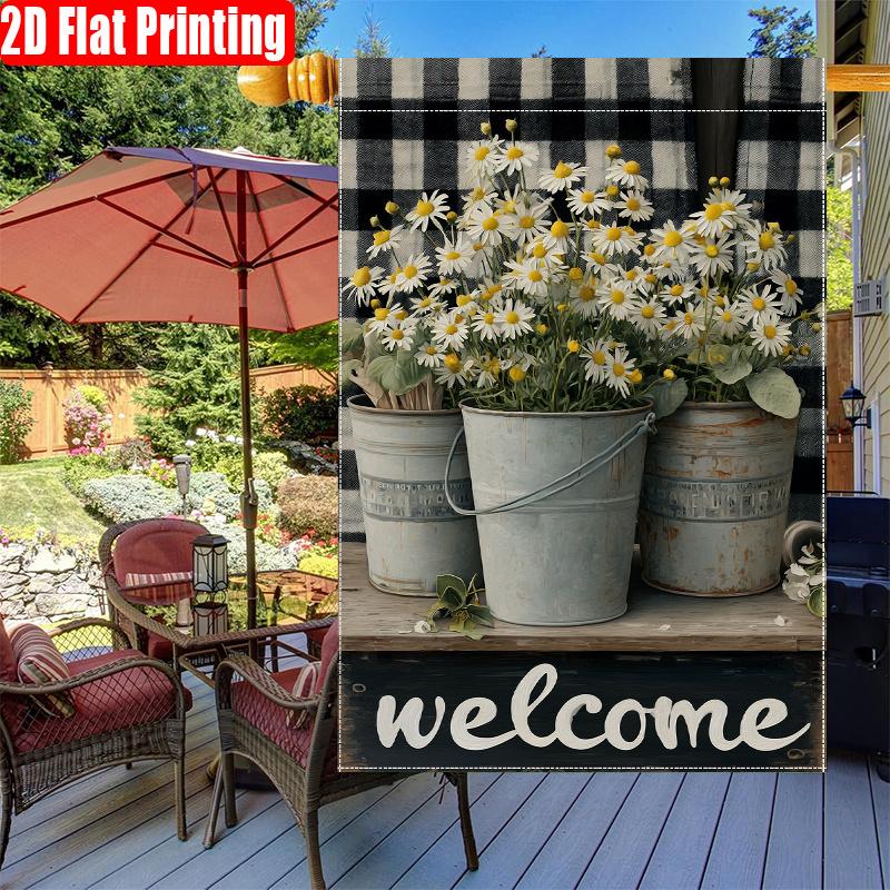 2D Flat - 2D Flat, DQ-L26 Welcome to Spring And Summer Vintage Iron Bucket Daisy Pattern-Double Sided Garden Flag, Yard Decoration, Outdoor Decoration