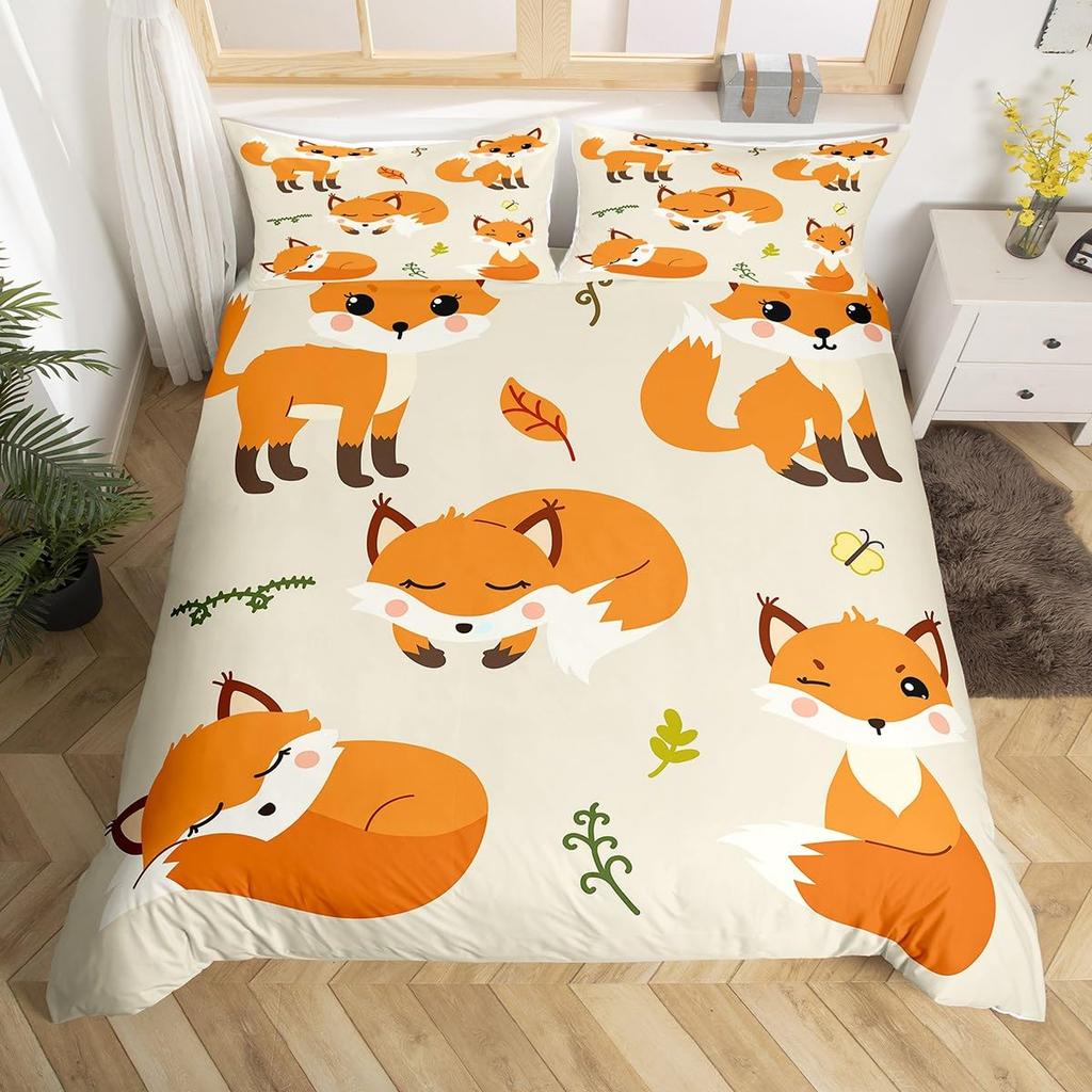 Детский мультяшный пододеяльник с лисой Кинг Квин Оранжевый комплект постельного белья с животными Декор для спальни для девочек-подростков Чехол для одеяла с 2 наволочками
