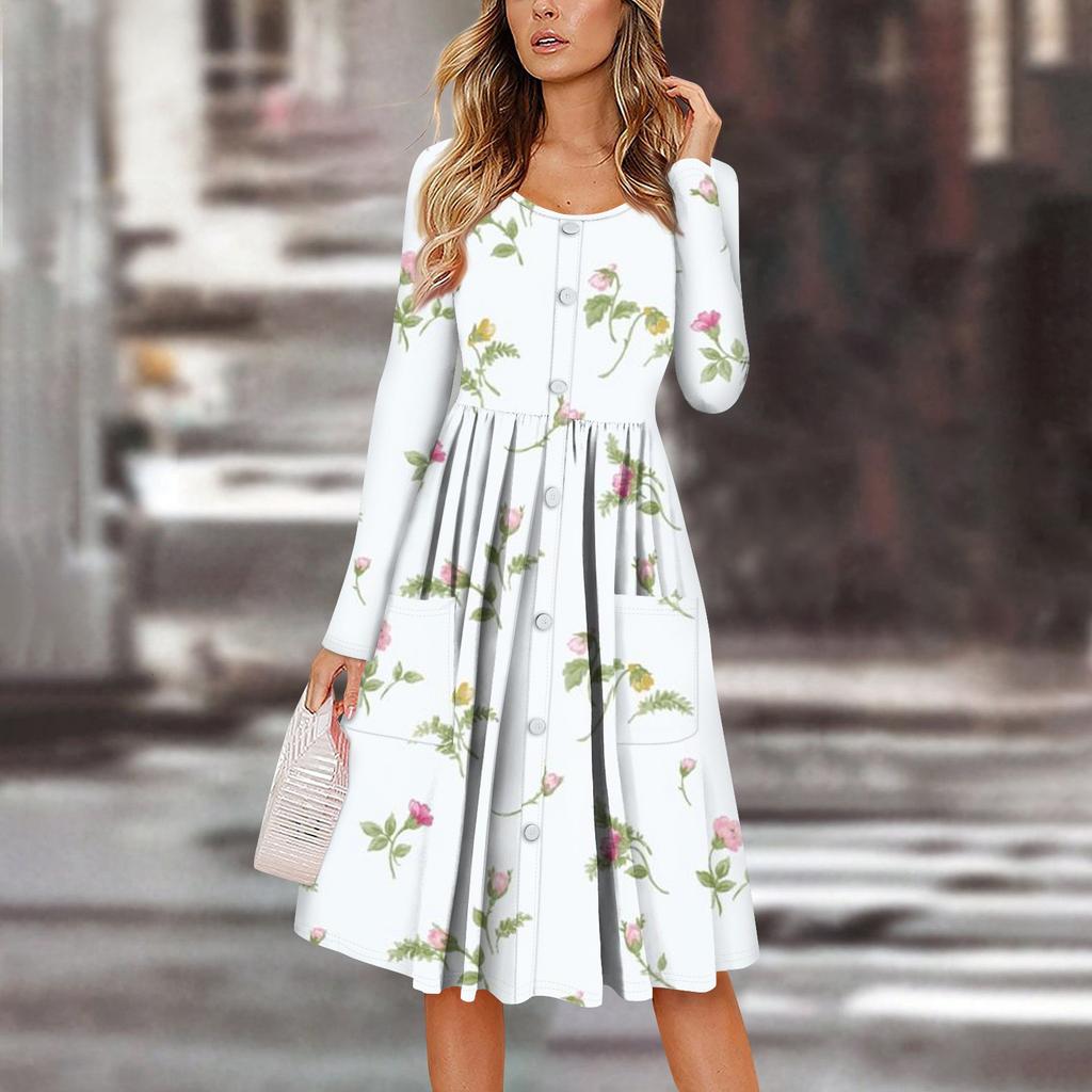 Женский повседневный модный сексуальный удобный сарафан с пуговицами, длинными рукавами и карманами, платье с цветочным принтом