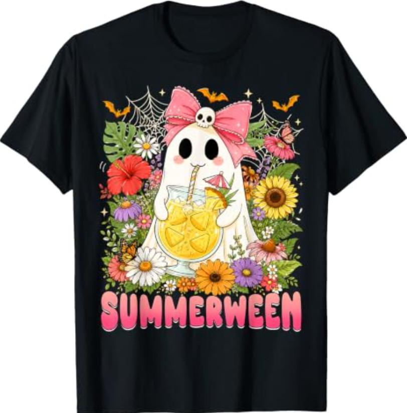 Summerween Funny Ghost Halloween Summer Floral T-Shirt