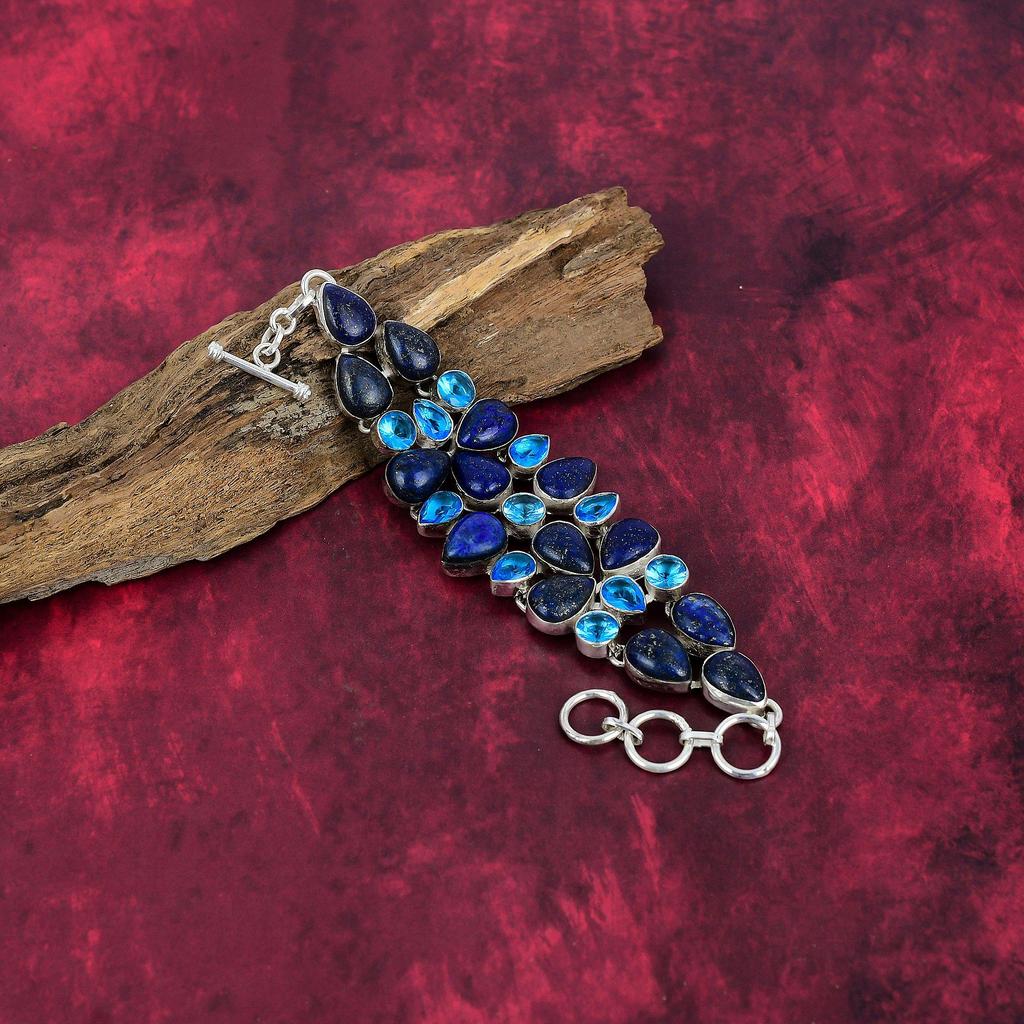 Лазурит, браслет с голубым топазом, ювелирные изделия из цельного серебра 925 пробы с драгоценными камнями, браслет ручной работы на День матери