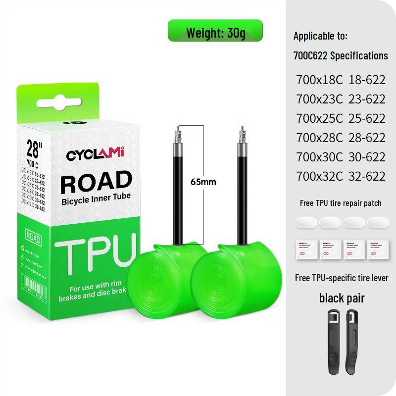 CYCLAMI Ultralight TPU Inner Tube with Free Tire Patches and Levers - 30g, Presta Valve, Puncture Proof Road Bike Tire.
