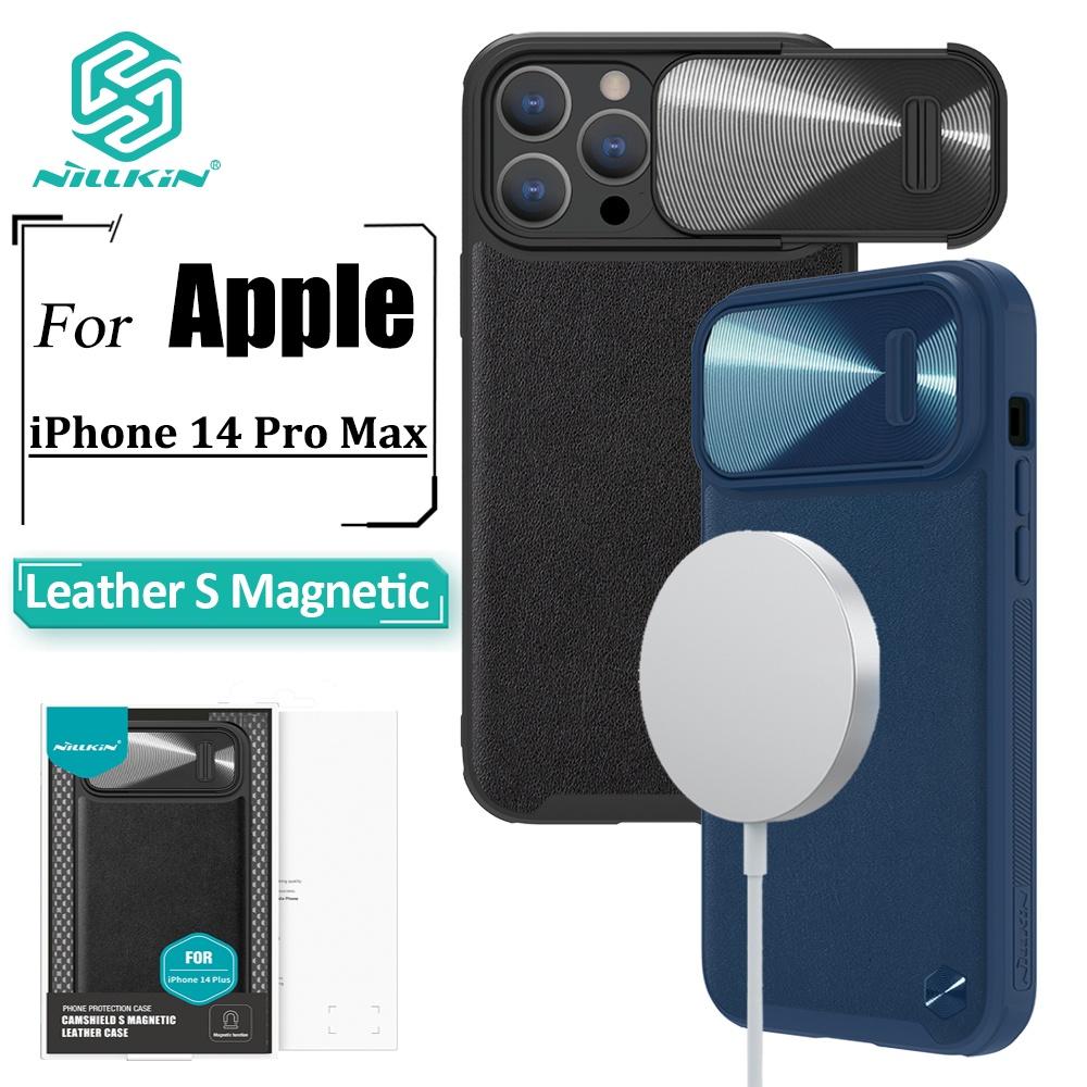 NILLKIN Магнитный кожаный чехол CamShield S для iPhone 14 Pro Max, чехол для телефона, слайдер из сплава, противоударная задняя крышка