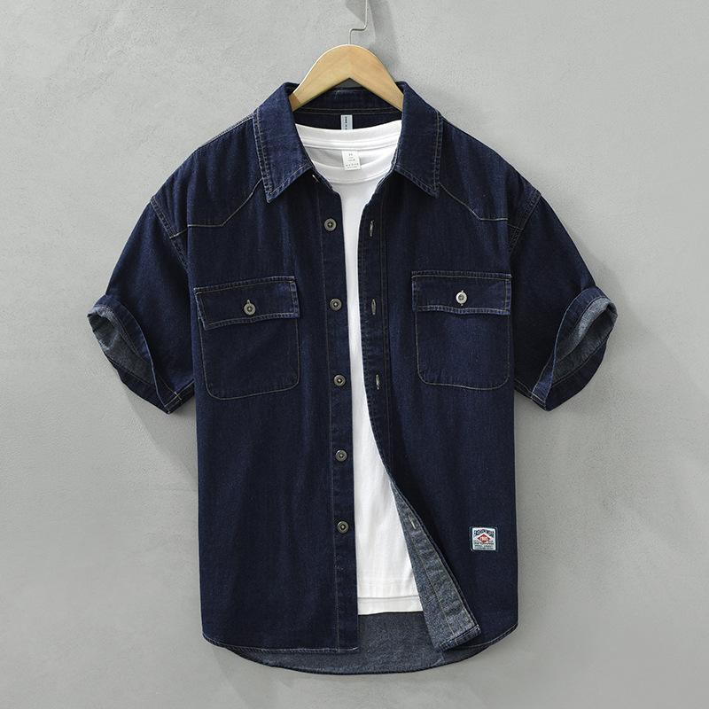 Летние топы, мужские рубашки-карго с коротким рукавом, молодежная популярная уличная одежда, повседневная свободная рубашка с карманами на лацканах, двойные карманы, светло-голубая джинсовая рубашка